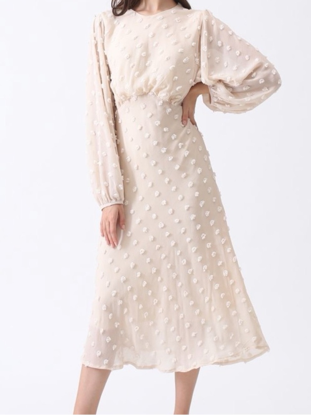 Chicwish Cotton Candy Sheet Midi Dress in Cream Ivory‎ Pom-Pom Long Sleeve